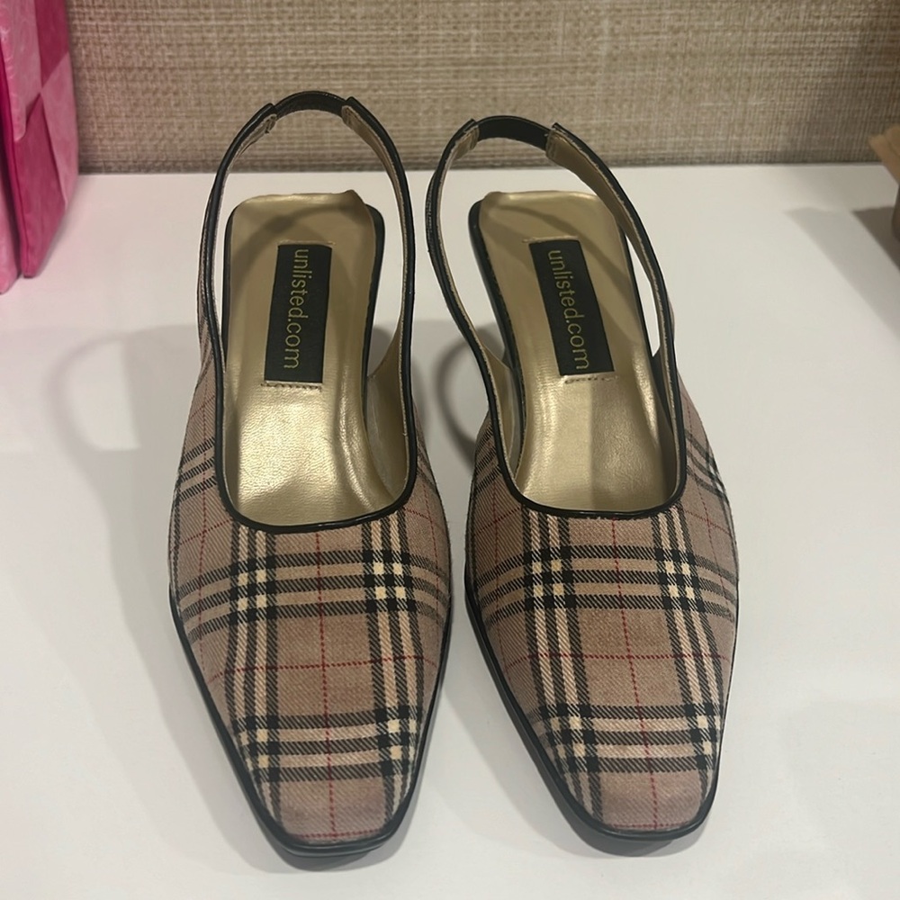 Plaid fabric heels